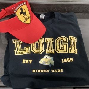 XL unisex Luigi shirt and Red visor with a Ferrari patch